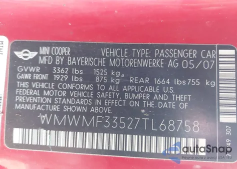 2007 Mini Cooper z USA, uszkodzony, nr VIN WMWMF33527TL68758